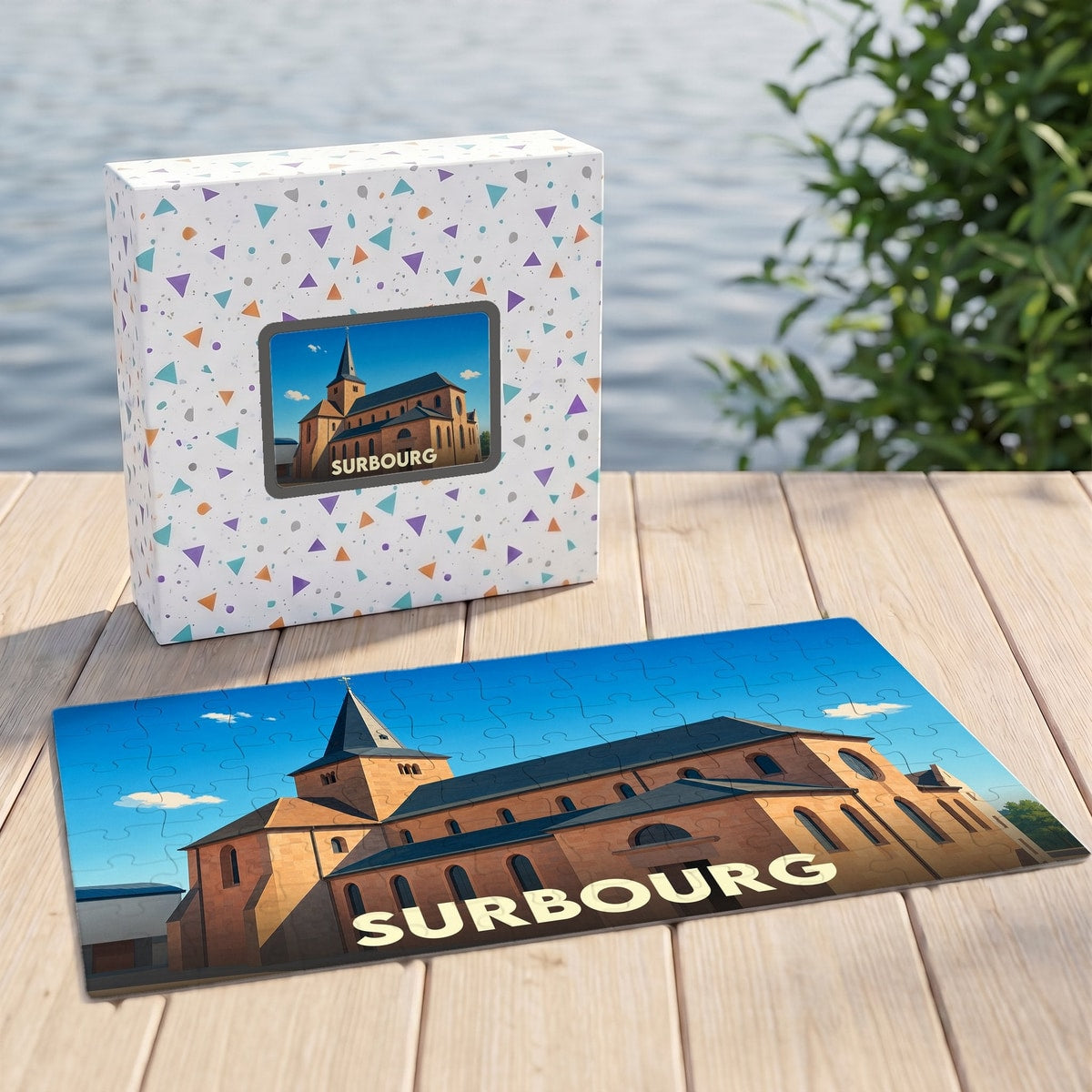 Puzzle souvenir de la ville de Surbourg représentant son église abbatiale avec une illustration stylisée.