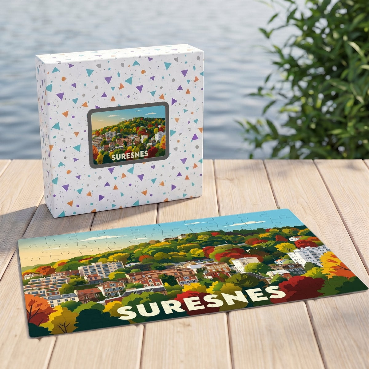 Puzzle souvenir de la ville de Suresnes représentant un paysage urbain automnal et stylisé.