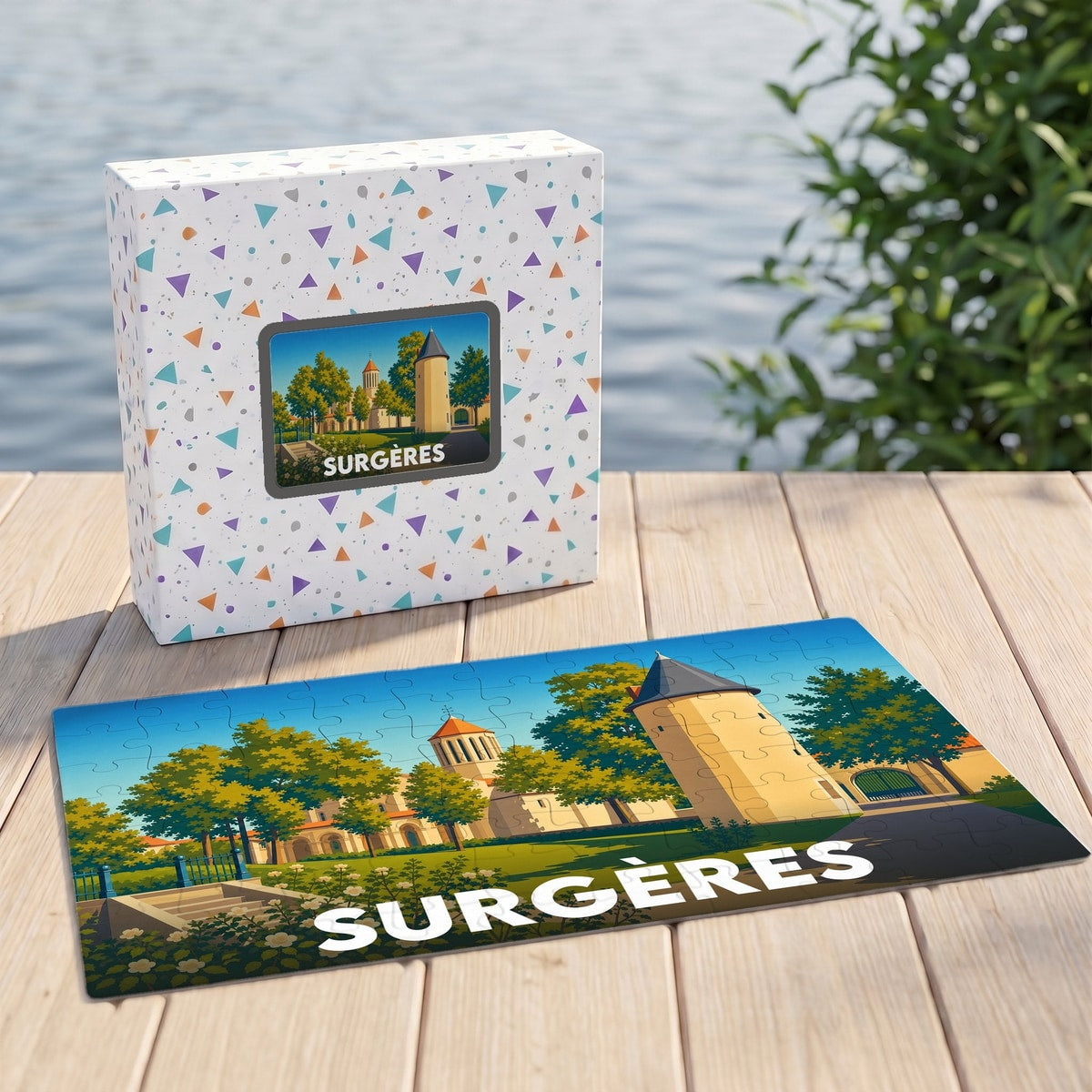 Puzzle souvenir de la ville de Surgères avec une illustration stylisée de son patrimoine architectural.