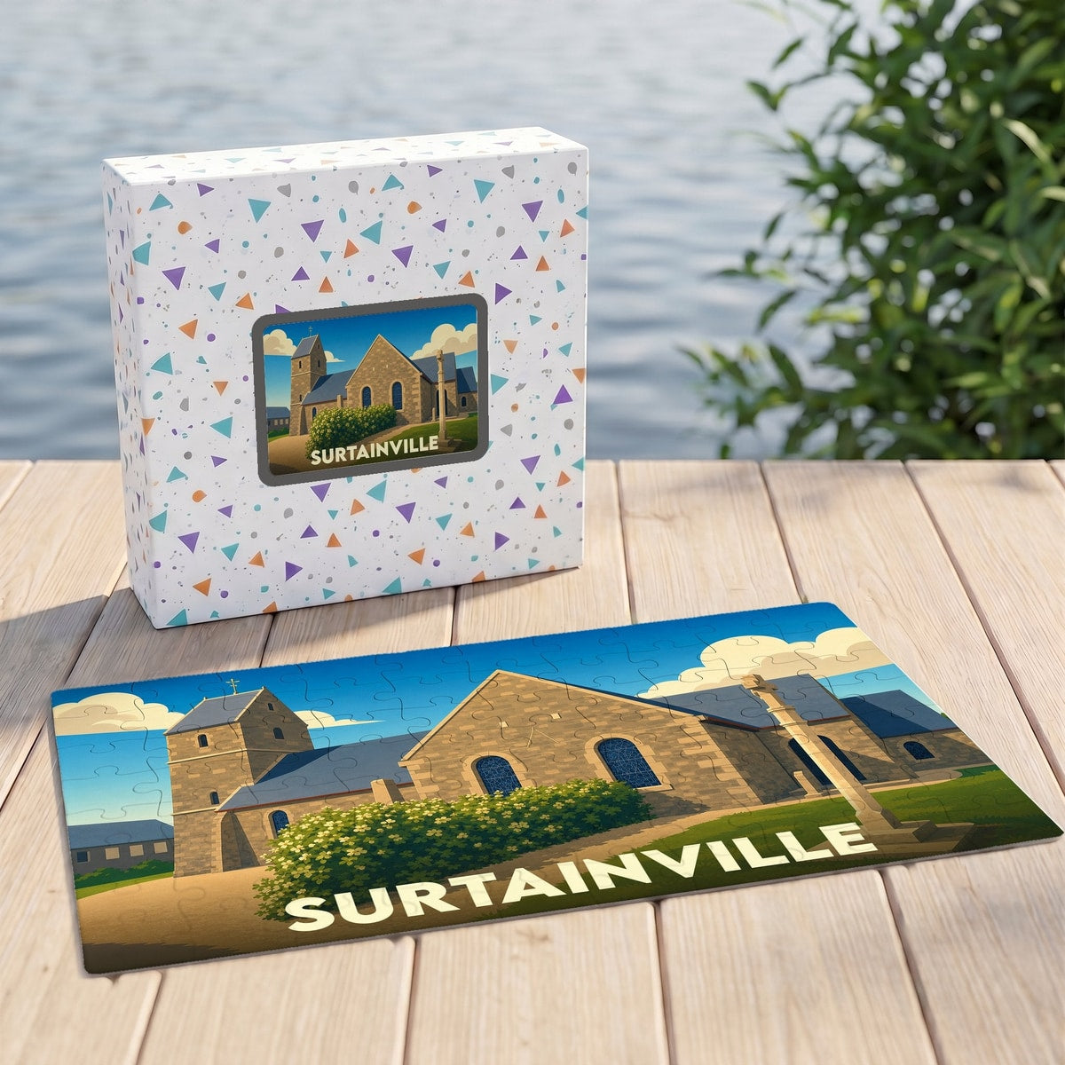 Puzzle souvenir de la ville de Surtainville avec une illustration stylisée de son église et de son monument.