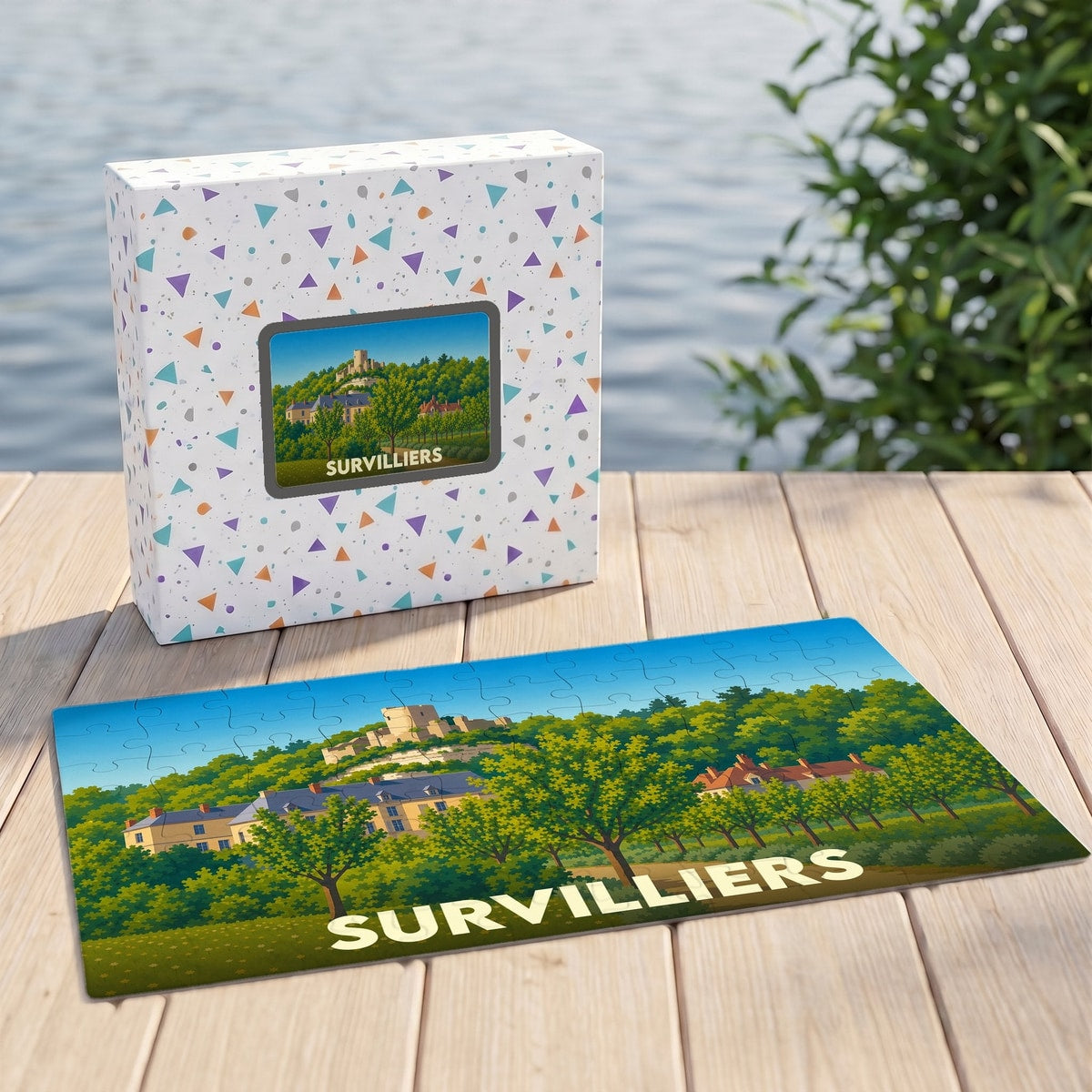 Puzzle souvenir de la ville de Survilliers avec une illustration stylisée d'un paysage verdoyant.