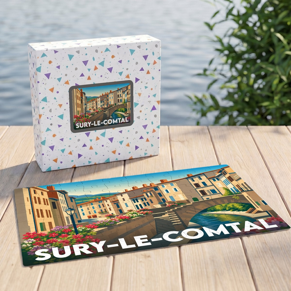 Puzzle souvenir de la ville de Sury-le-Comtal avec une illustration stylisée d'un paysage urbain fleuri.