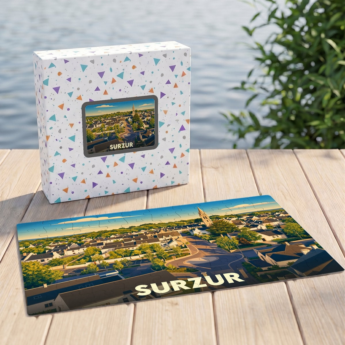 Puzzle souvenir de la ville de Surzur avec une illustration stylisée et colorée.