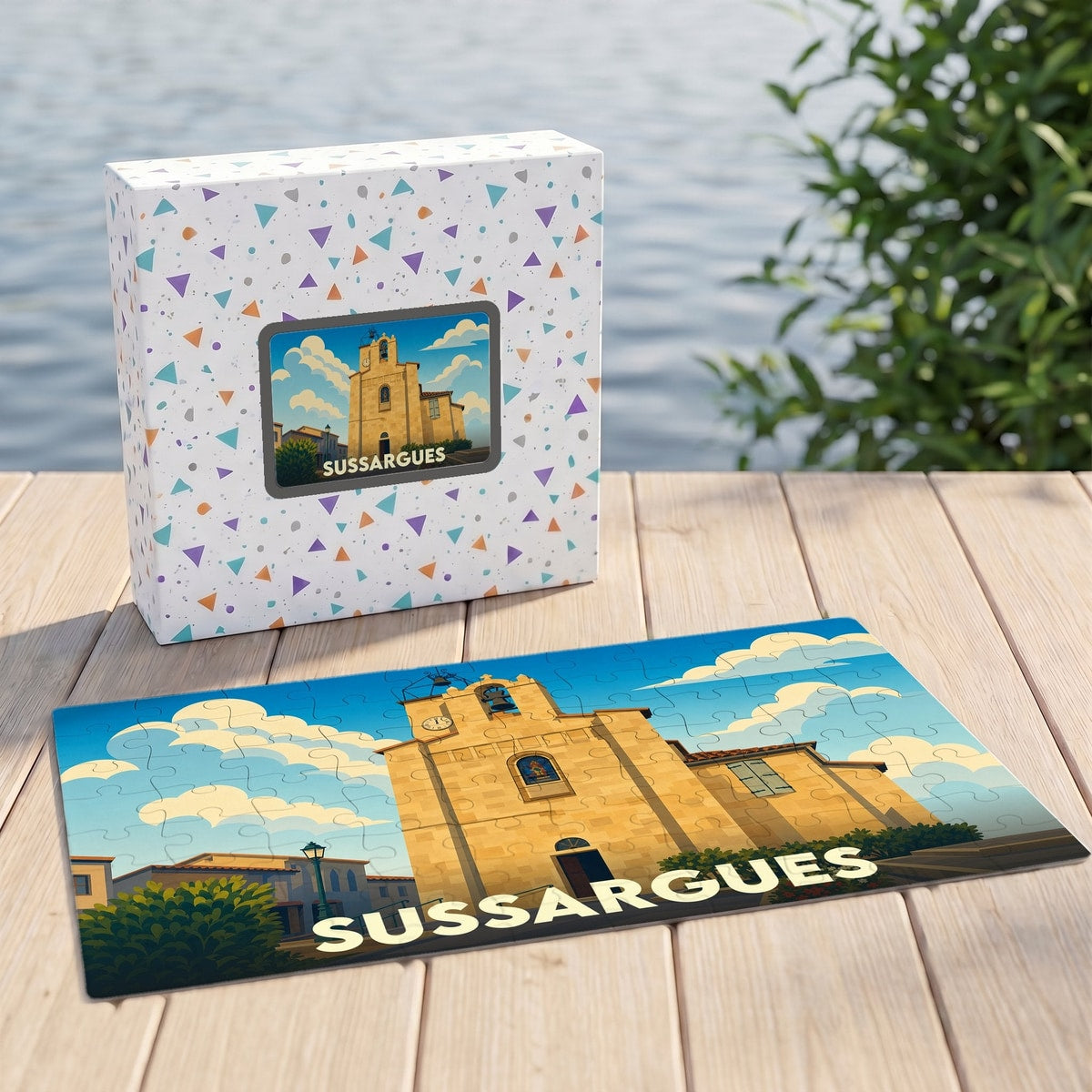 Puzzle souvenir de la ville de Sussargues avec une illustration stylisée de son église et de son clocher.