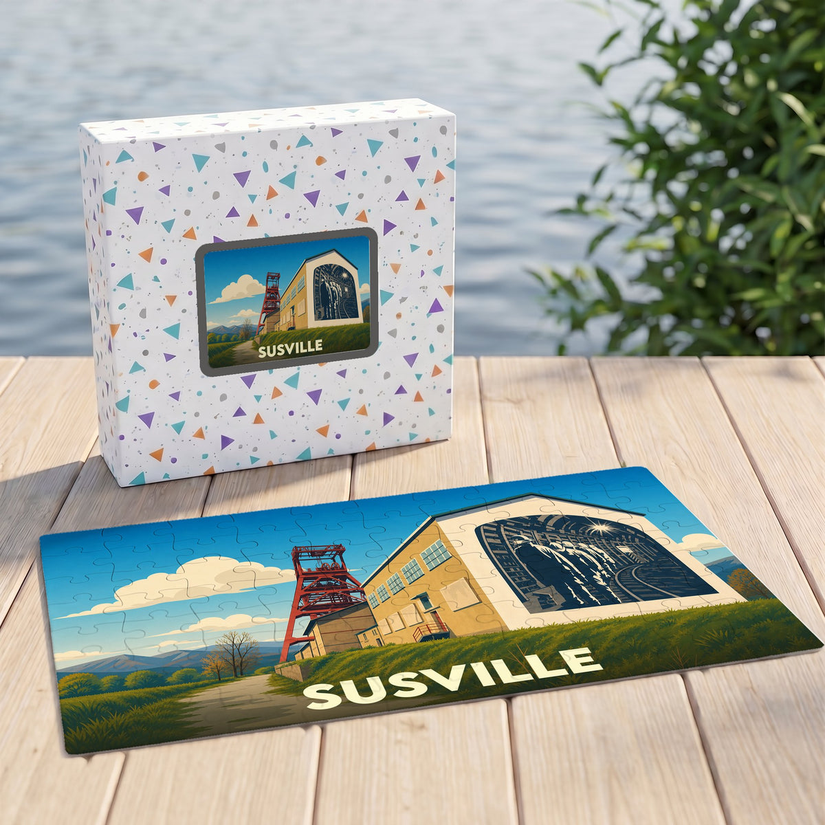 Puzzle souvenir de la ville de Susville avec une illustration stylisée d'un site minier.