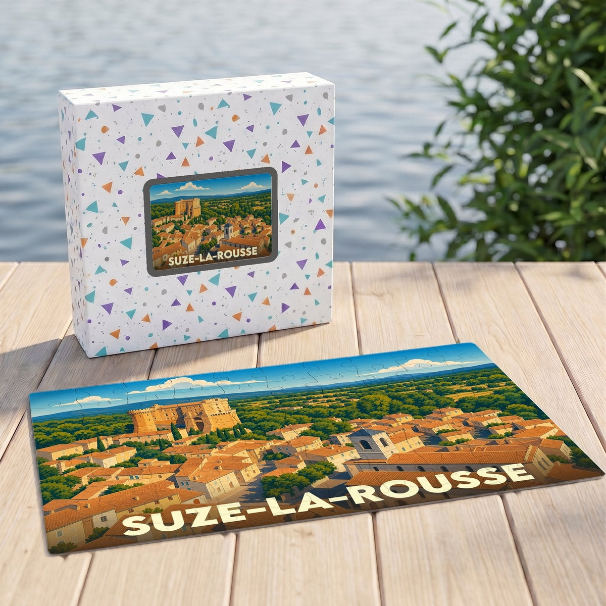 Puzzle souvenir de la ville de Suze-la-Rousse avec une illustration stylisée du village et de son château.