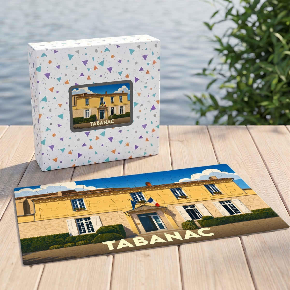 Puzzle souvenir de la ville de Tabanac représentant son hôtel de ville dans un style illustré.
