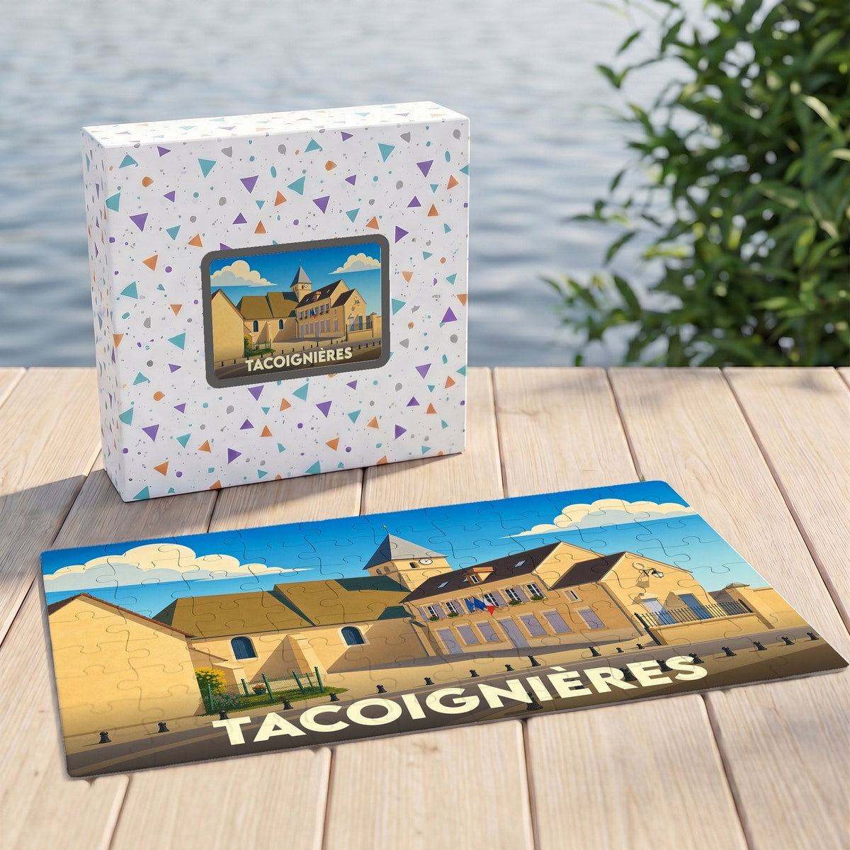 Puzzle souvenir de la ville de Tacoignières illustrant son église et sa mairie dans un style graphique épuré.