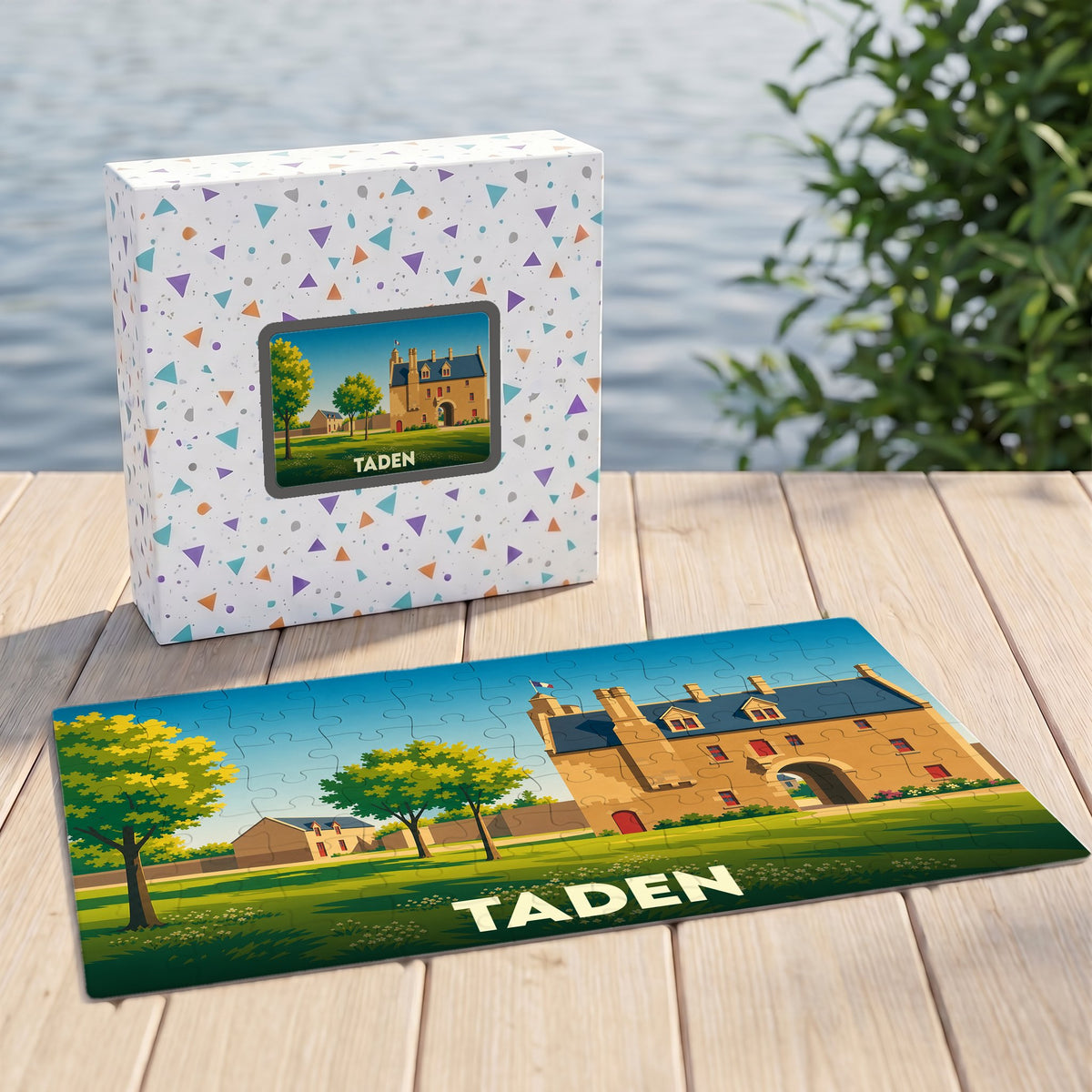 Puzzle souvenir de la ville de Taden illustrant son manoir historique dans un style graphique épuré.
