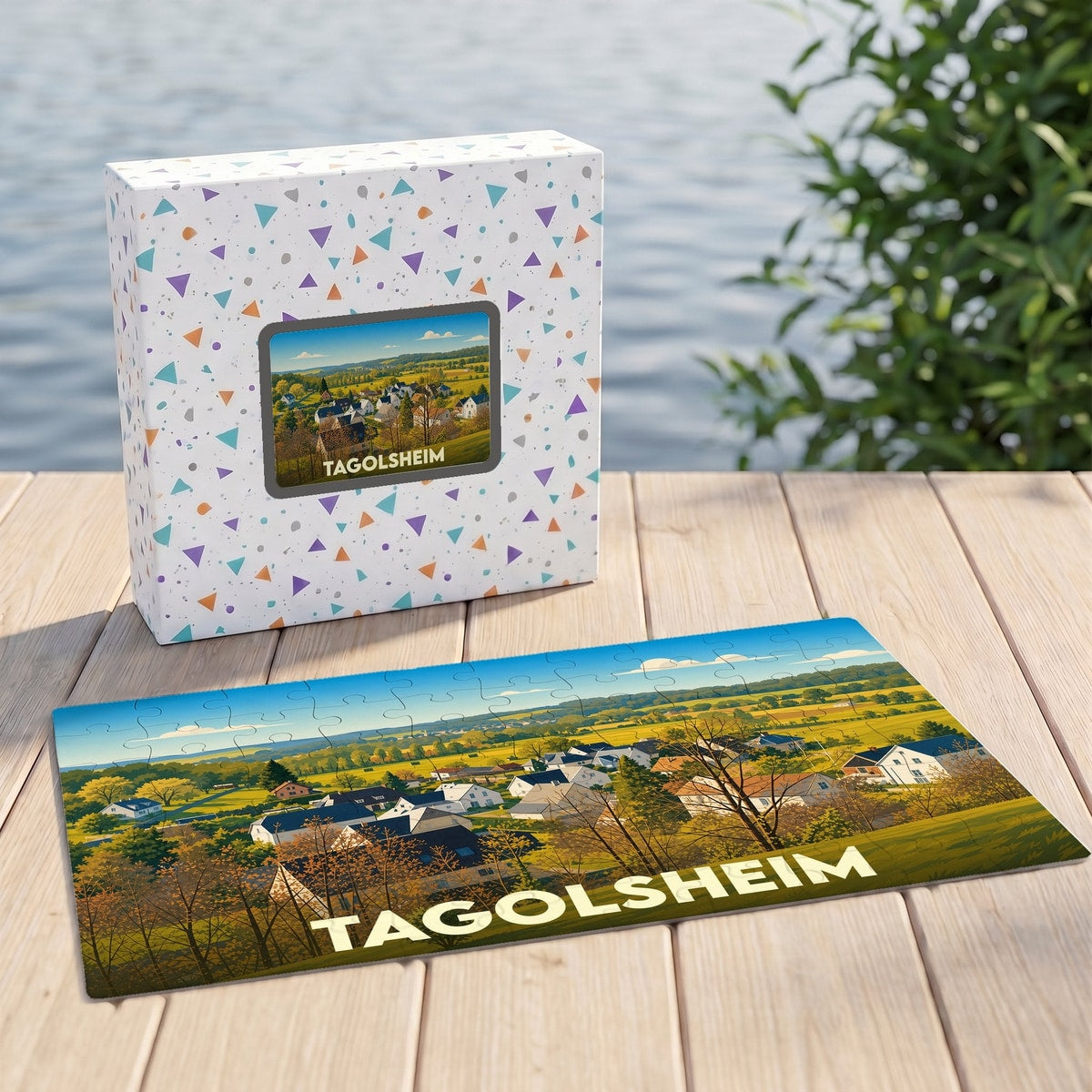 Puzzle souvenir de la ville de Tagolsheim avec une illustration stylisée d'un paysage champêtre.
