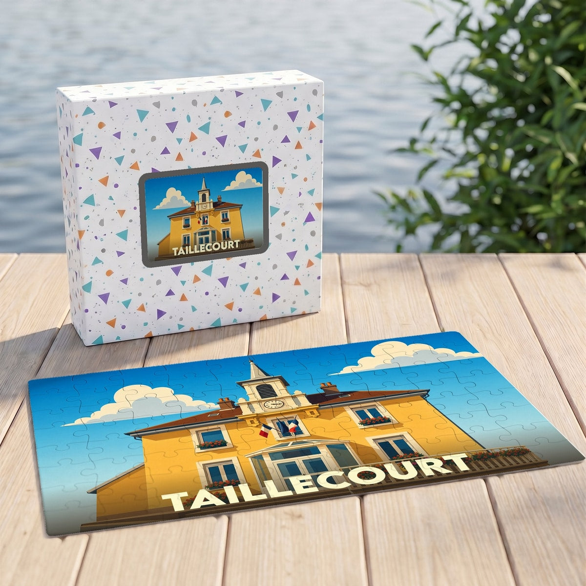 Puzzle souvenir de la ville de Taillecourt avec une illustration stylisée de sa mairie.