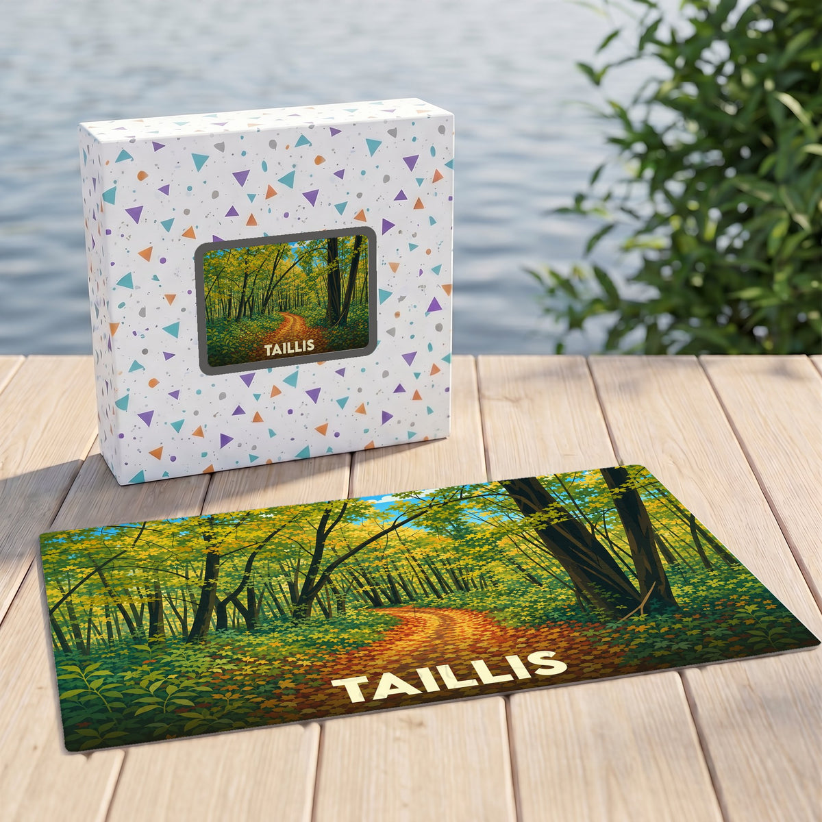Puzzle souvenir de la ville de Taillis avec une illustration stylisée d'une forêt en automne.