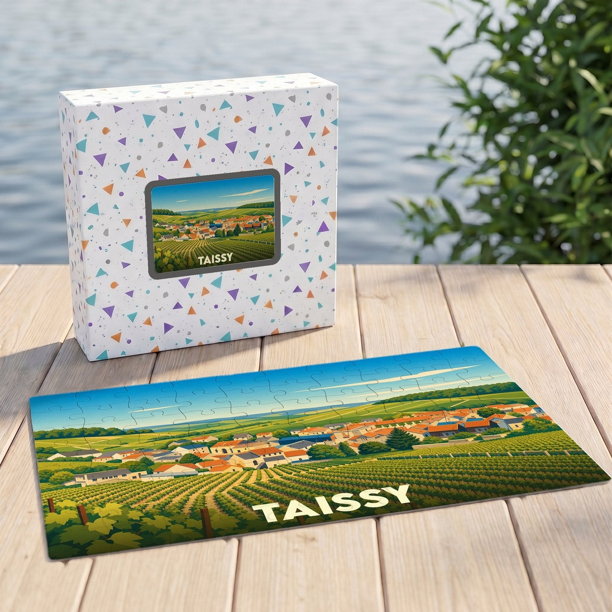 Puzzle souvenir de la ville de Taissy avec une illustration stylisée d'un paysage de vignobles.