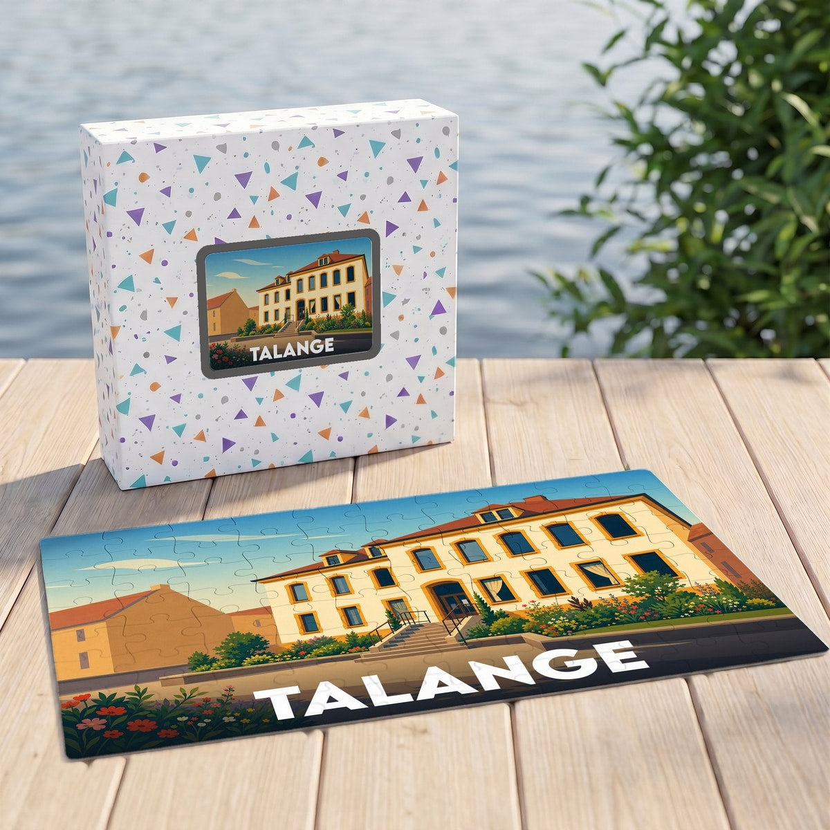 Puzzle souvenir de la ville de Talange avec une illustration stylisée d'un bâtiment remarquable.