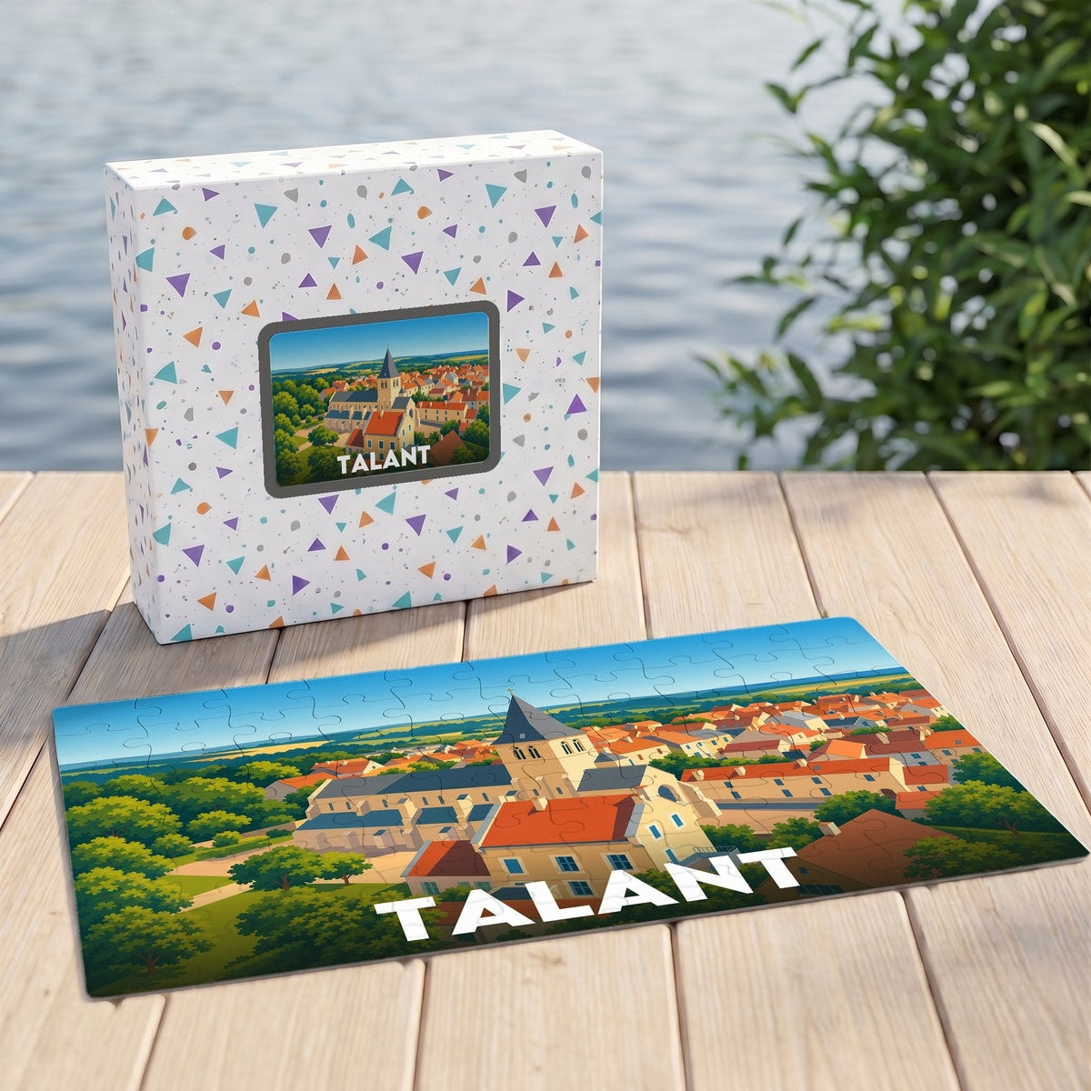 Puzzle souvenir de la ville de Talant avec une illustration stylisée et colorée, présenté avec sa boîte assortie.
