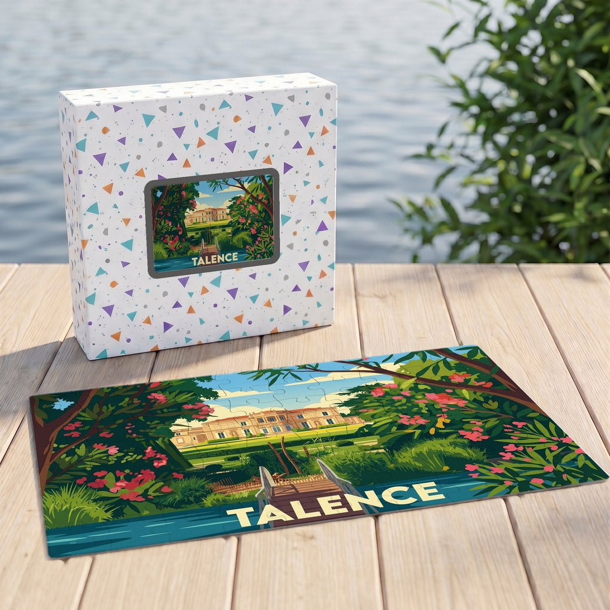Puzzle souvenir de la ville de Talence avec une illustration stylisée d'un domaine arboré.