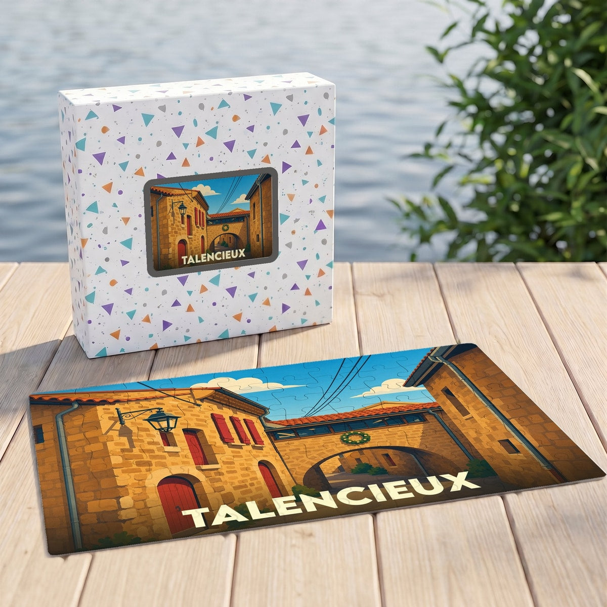 Puzzle souvenir de la ville de Talencieux avec une illustration stylisée d'une rue pittoresque.