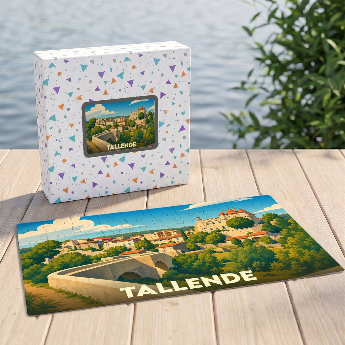 Puzzle souvenir de la ville de Tallende avec une illustration stylisée de son pont et de son château.
