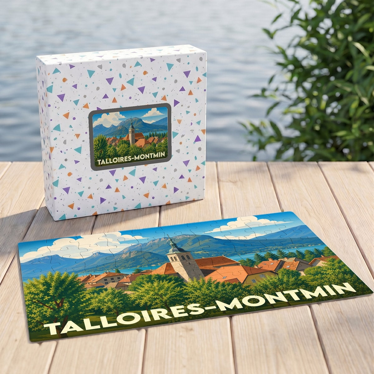 Puzzle souvenir de la ville de Talloires-Montmin représentant une illustration colorée du village et de son église au bord de l'eau.