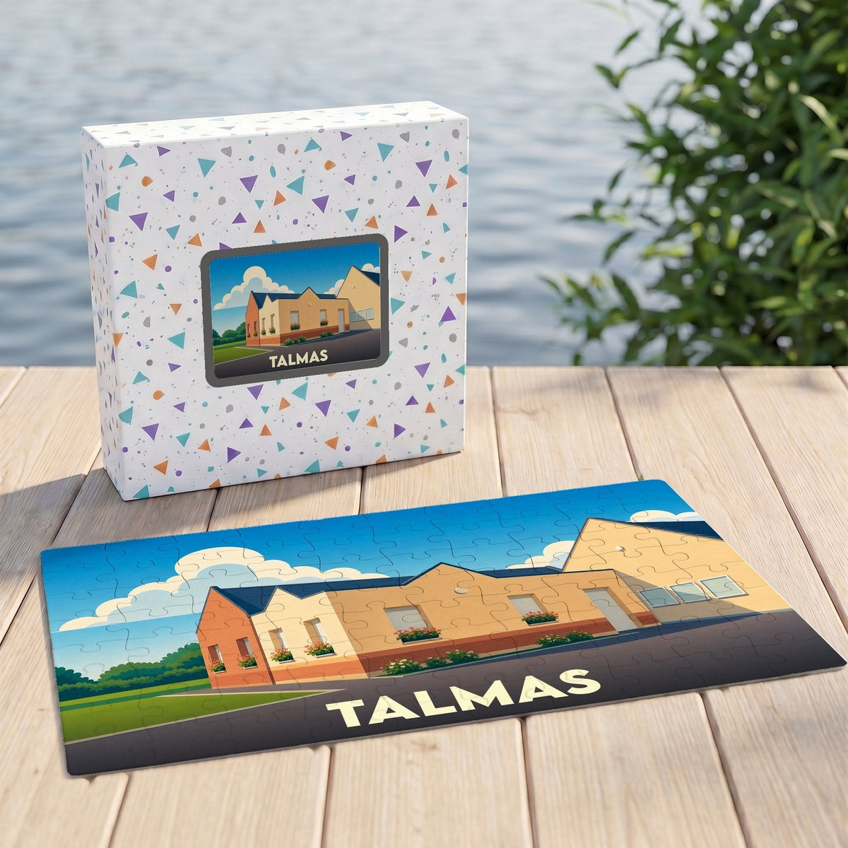 Puzzle souvenir de la ville de Talmas avec une illustration stylisée d'un bâtiment local.
