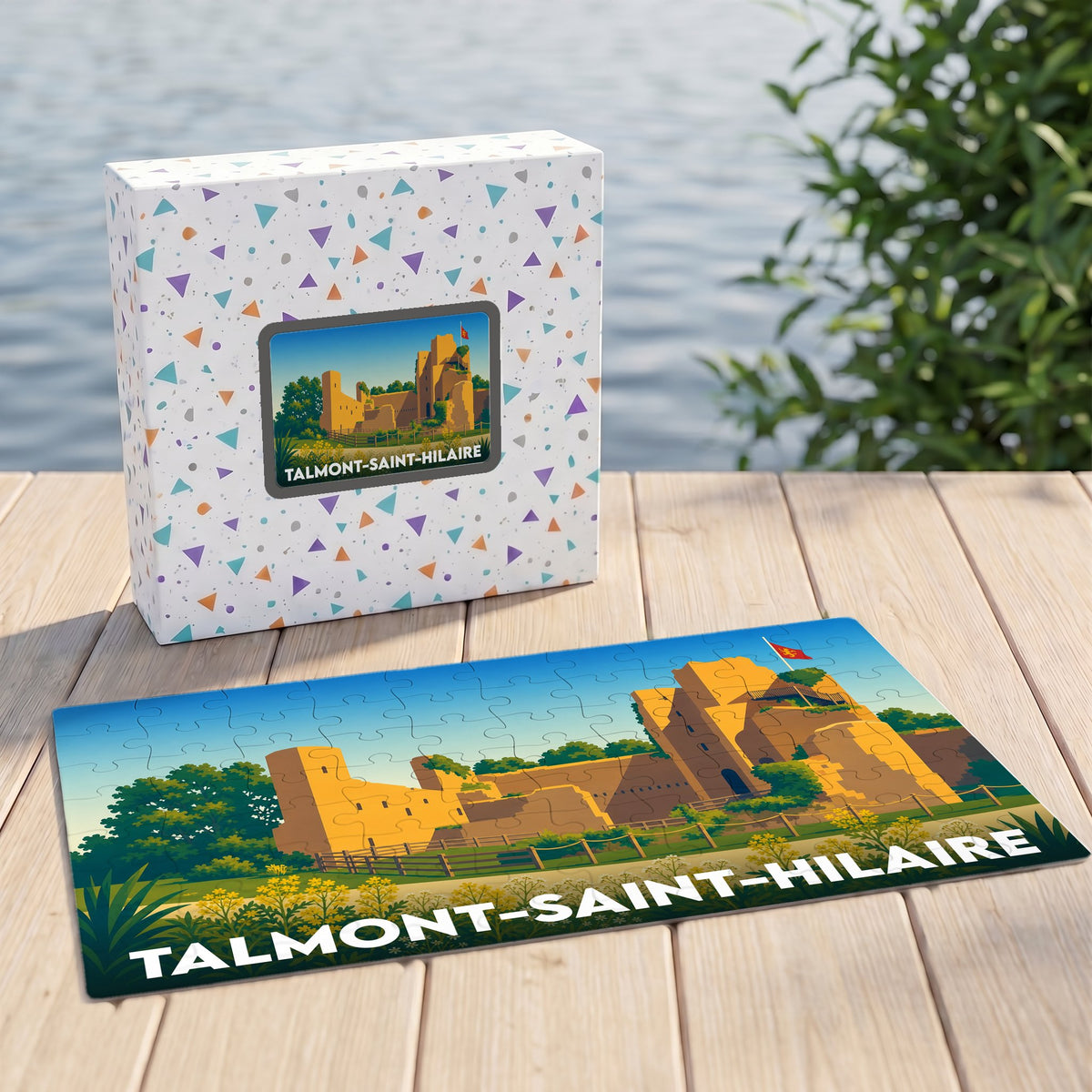 Puzzle souvenir de la ville de Talmont-Saint-Hilaire avec une illustration stylisée du château médiéval.