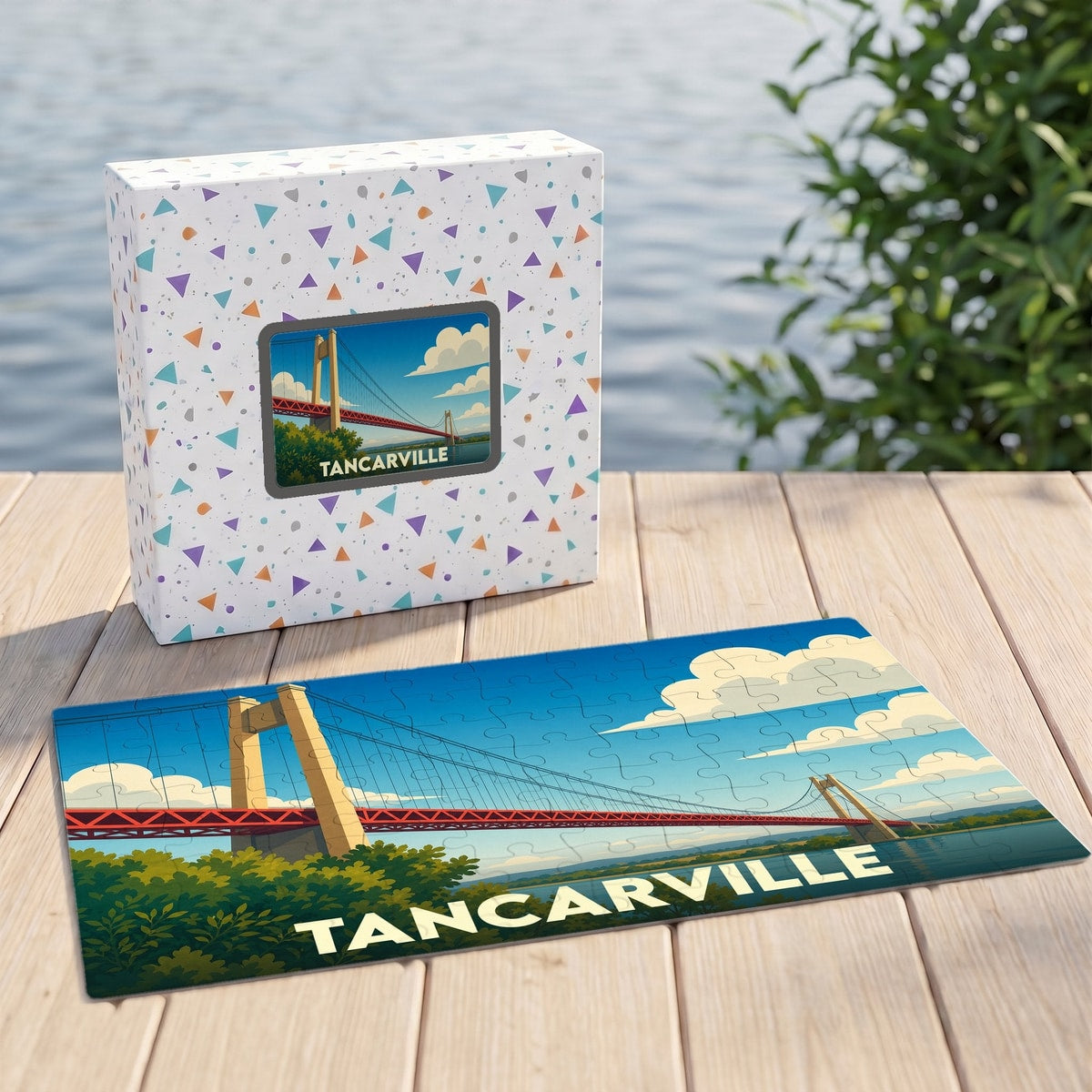 Puzzle souvenir de la ville de Tancarville avec une illustration stylisée du pont.