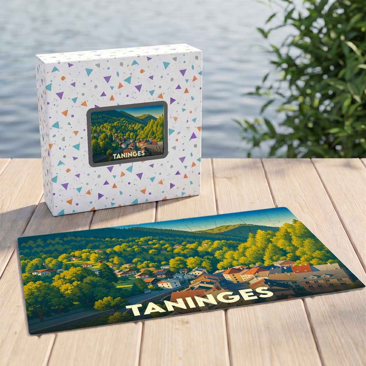 Puzzle souvenir de la ville de Taninges illustré d'un paysage montagneux coloré.