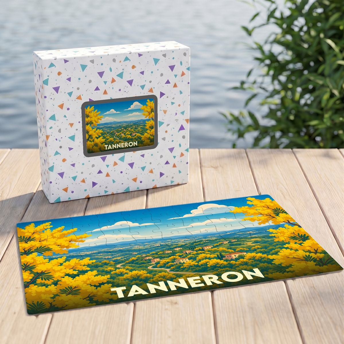 Puzzle souvenir de la ville de Tanneron représentant un paysage de mimosas en fleurs.