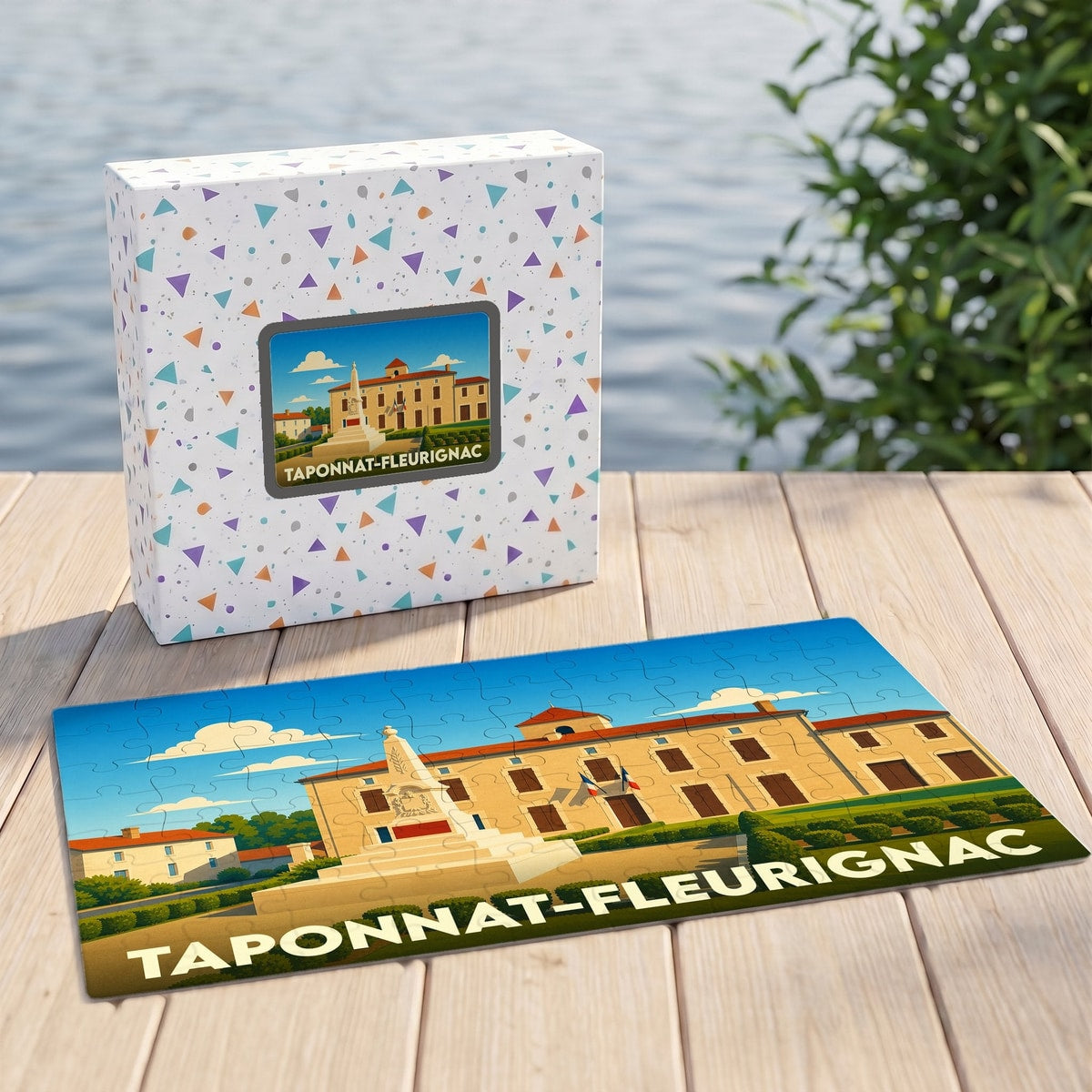 Puzzle souvenir de la ville de Taponnat-Fleurignac avec une illustration stylisée de sa mairie.