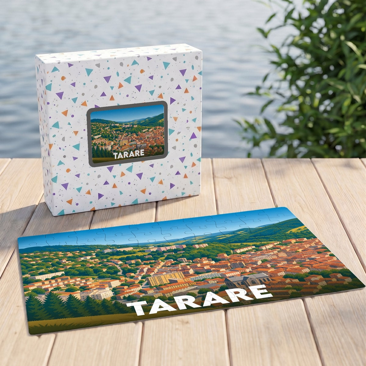 Puzzle souvenir de la ville de Tarare avec une illustration panoramique stylisée.