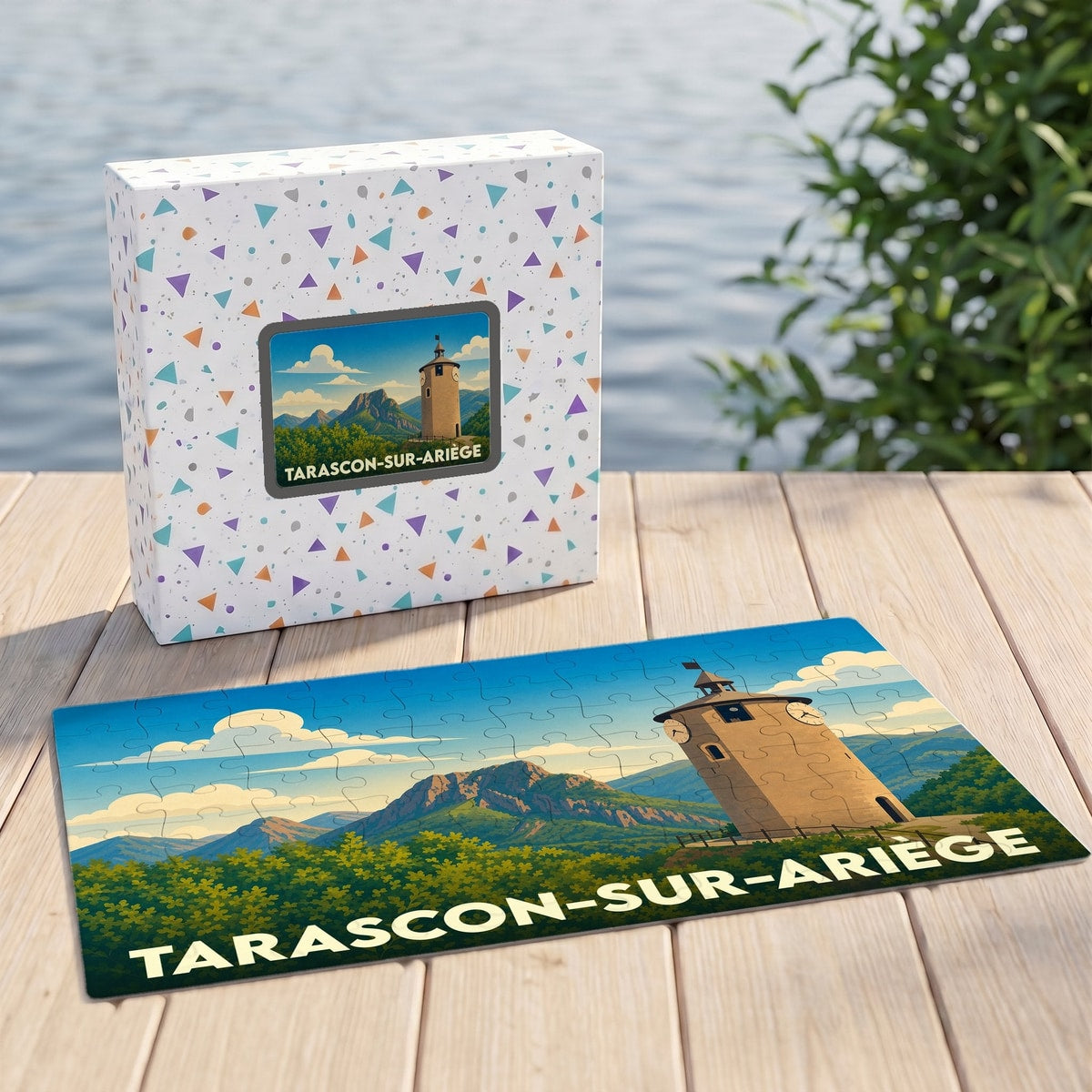 Puzzle souvenir de la ville de Tarascon-sur-Ariège avec une illustration stylisée de sa tour panoramique.