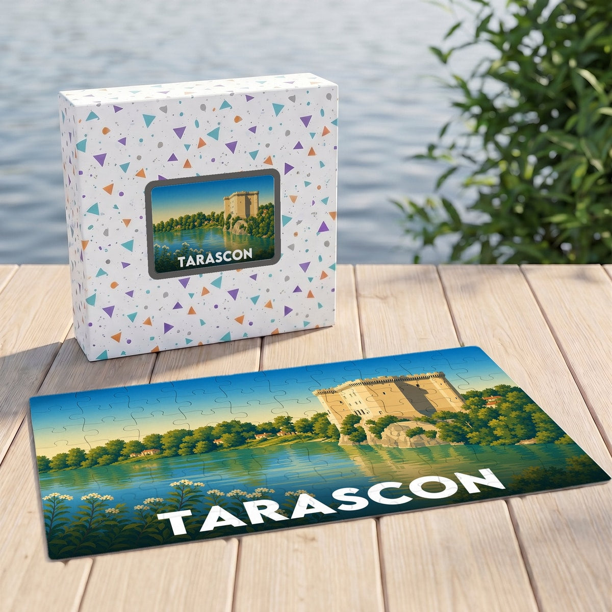 Puzzle souvenir de la ville de Tarascon avec une illustration stylisée de son château au bord de l'eau.