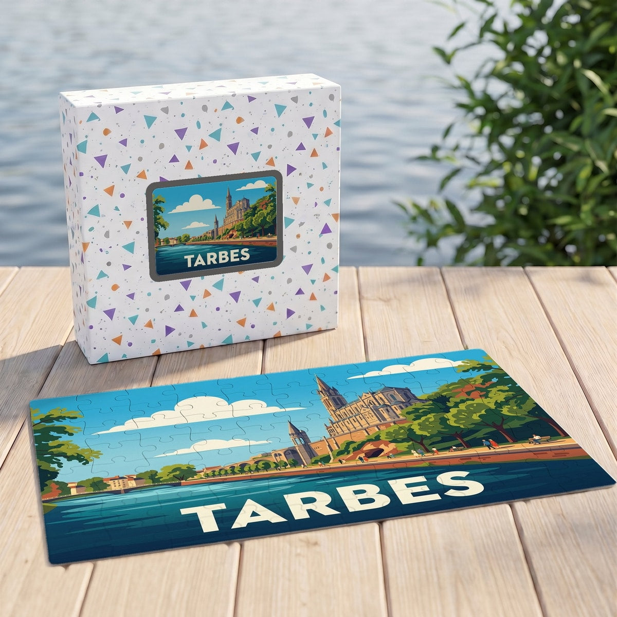 Puzzle souvenir de la ville de Tarbes présentant une illustration stylisée des bords de l'Adour et de la cathédrale.