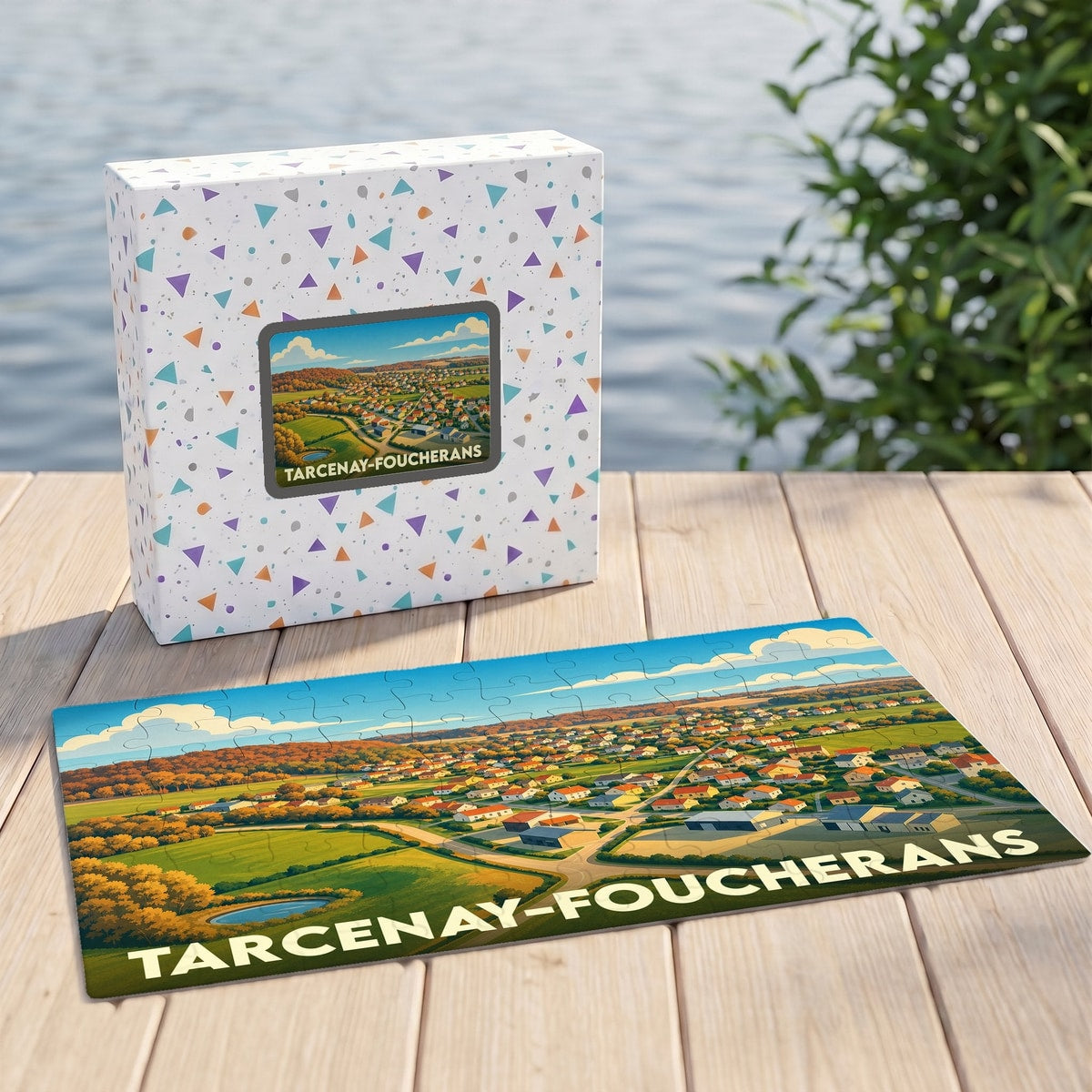 Puzzle souvenir de la ville de Tarcenay-Foucherans avec une illustration paysagère colorée.