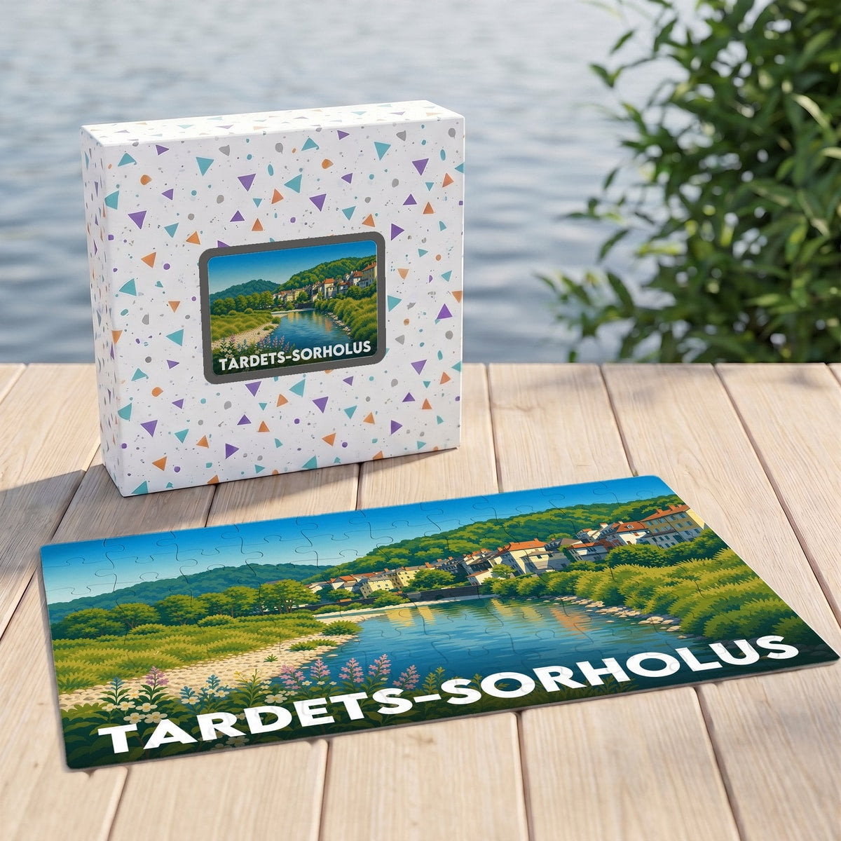 Puzzle souvenir de la ville de Tardets-Sorholus illustrant un paysage fluvial paisible avec des habitations traditionnelles.