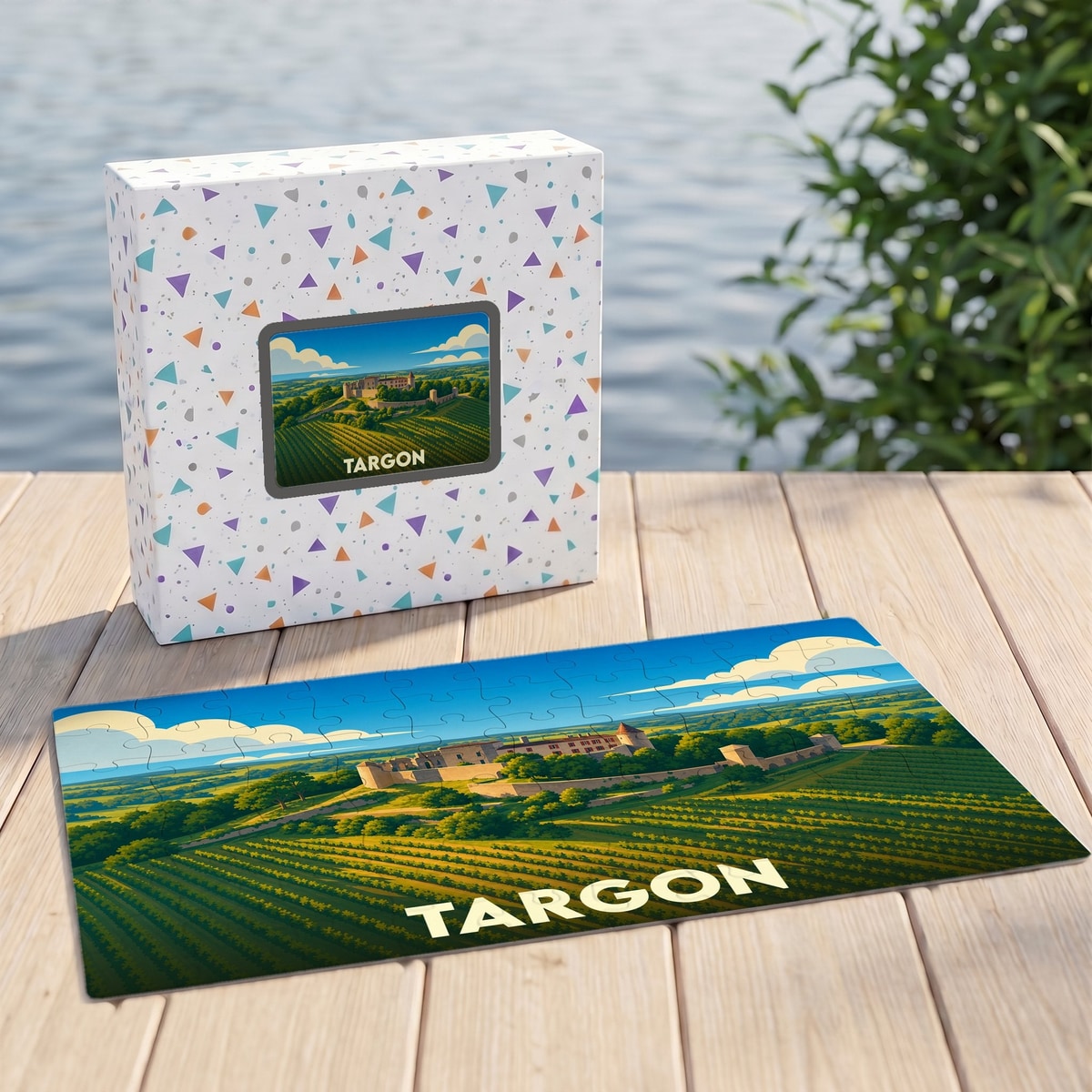 Puzzle souvenir de la ville de Targon représentant une illustration stylisée de son paysage et de son château.