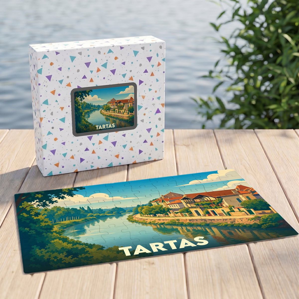 Puzzle souvenir de la ville de Tartas avec une illustration stylisée d'un paysage fluvial.