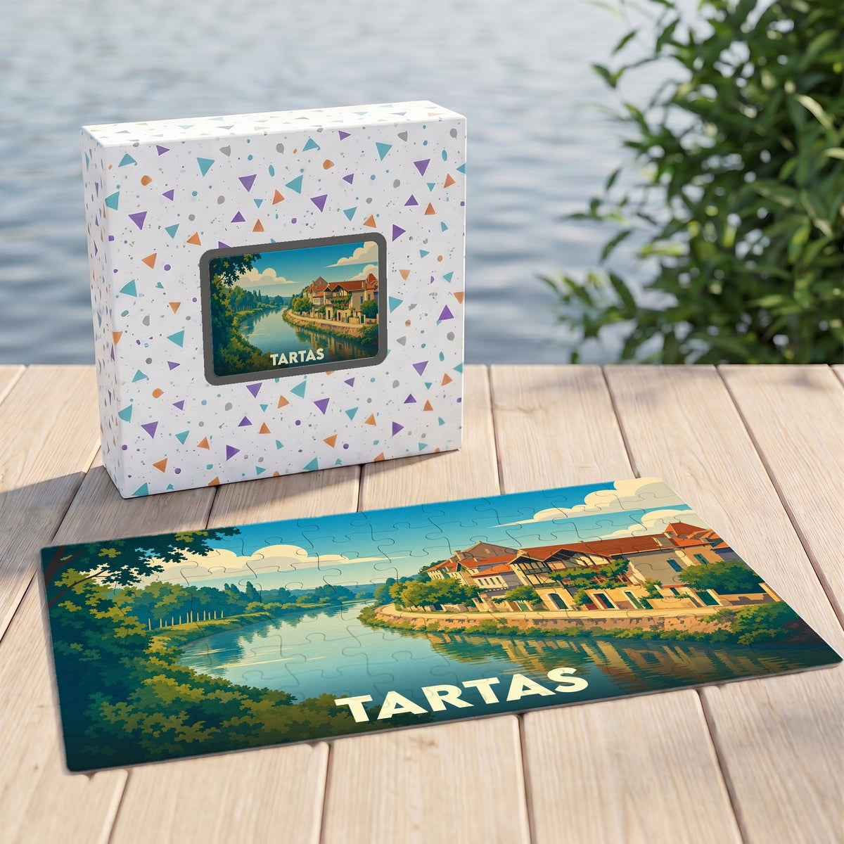 Puzzle souvenir de la ville de Tartas avec une illustration stylisée d'un paysage fluvial.