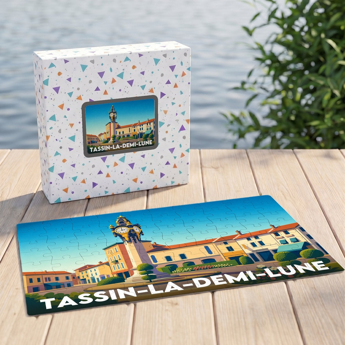 Puzzle souvenir de la ville de Tassin-la-Demi-Lune avec une illustration stylisée de son horloge emblématique.