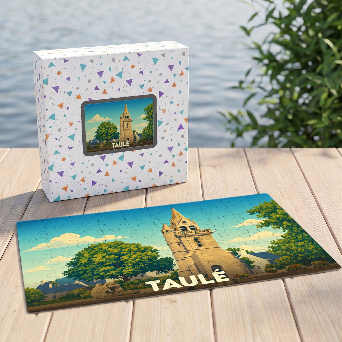 Puzzle souvenir de la ville de Taulé avec une illustration stylisée de son église.