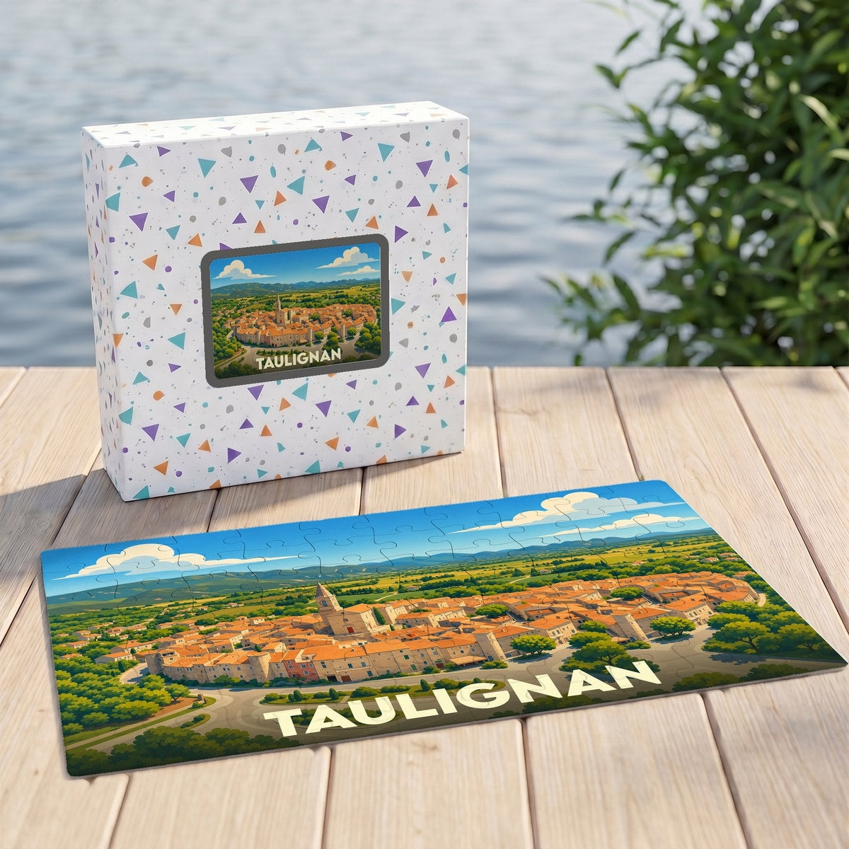 Puzzle souvenir de la ville de Taulignan avec une illustration stylisée.