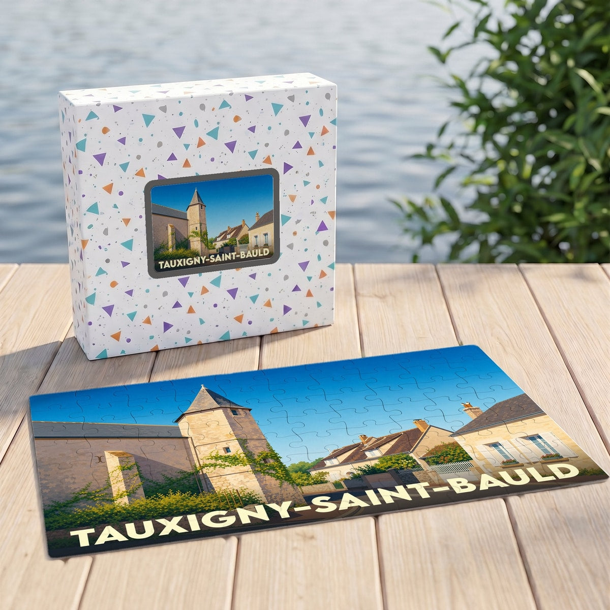 Puzzle souvenir de la ville de Tauxigny-Saint-Bauld avec une illustration stylisée de son architecture.