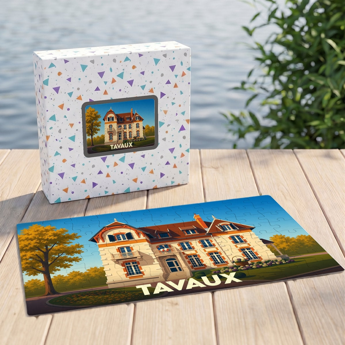 Puzzle souvenir de la ville de Tavaux représentant une grande demeure avec une illustration stylisée.