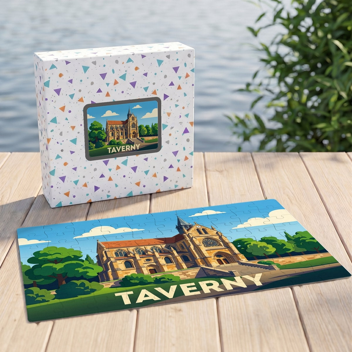 Puzzle souvenir de la ville de Taverny avec une illustration stylisée de son église.