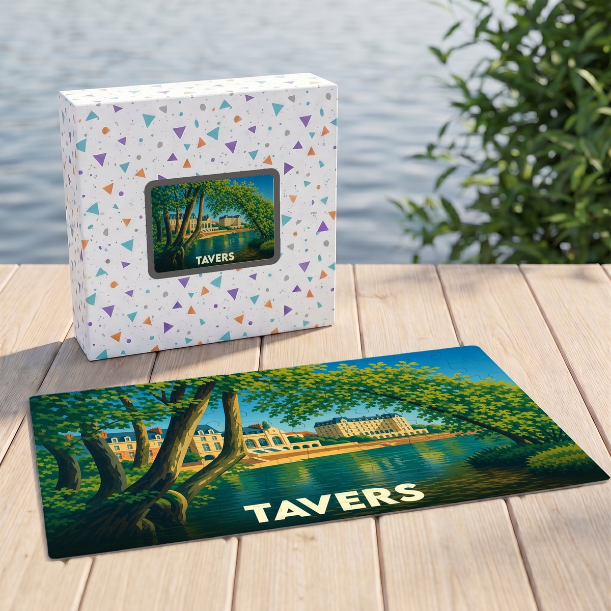 Puzzle souvenir de la ville de Tavers représentant une illustration stylisée des bords de Loire.