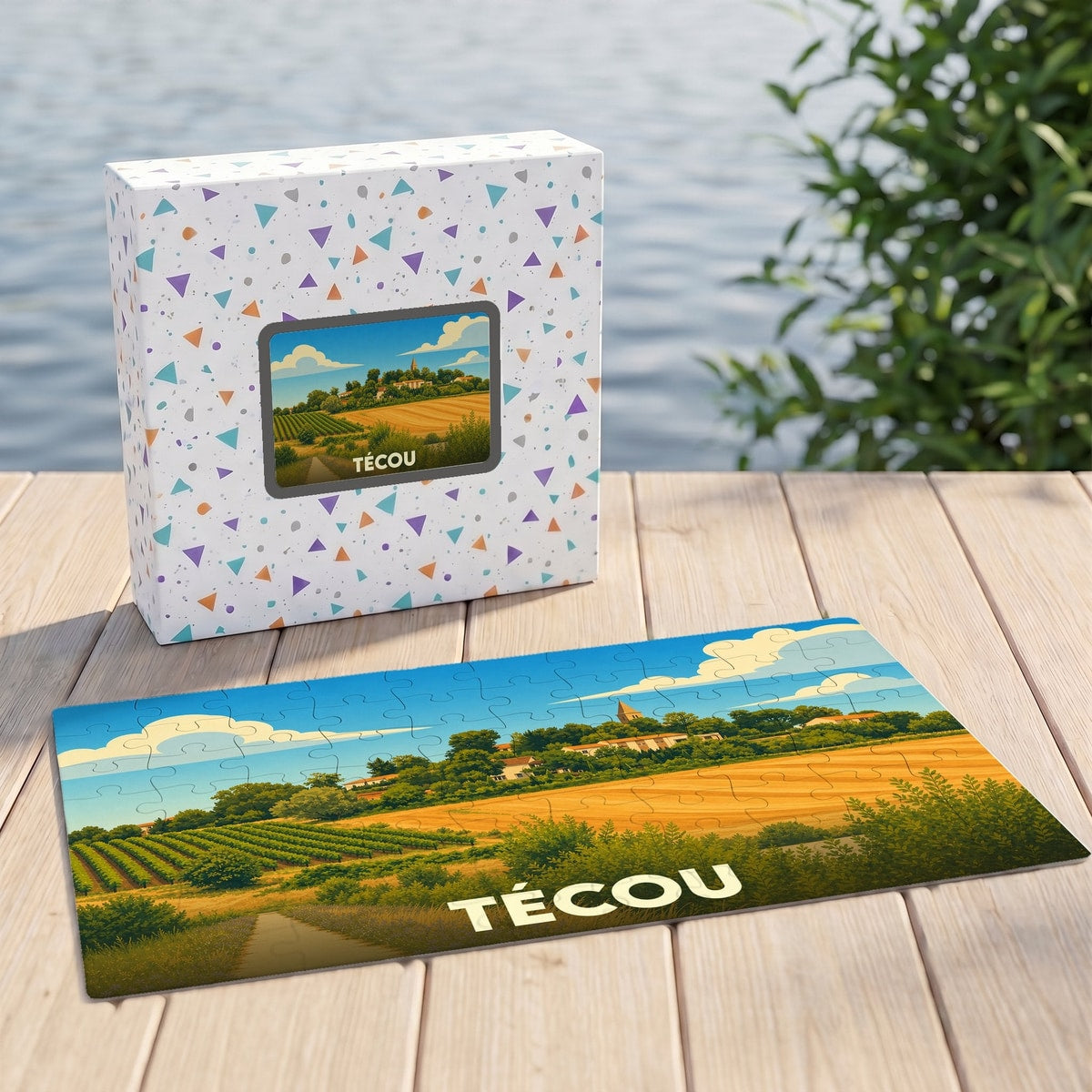 Puzzle souvenir de la ville de Técou représentant un paysage de campagne ensoleillé avec son nom inscrit en lettres capitales.