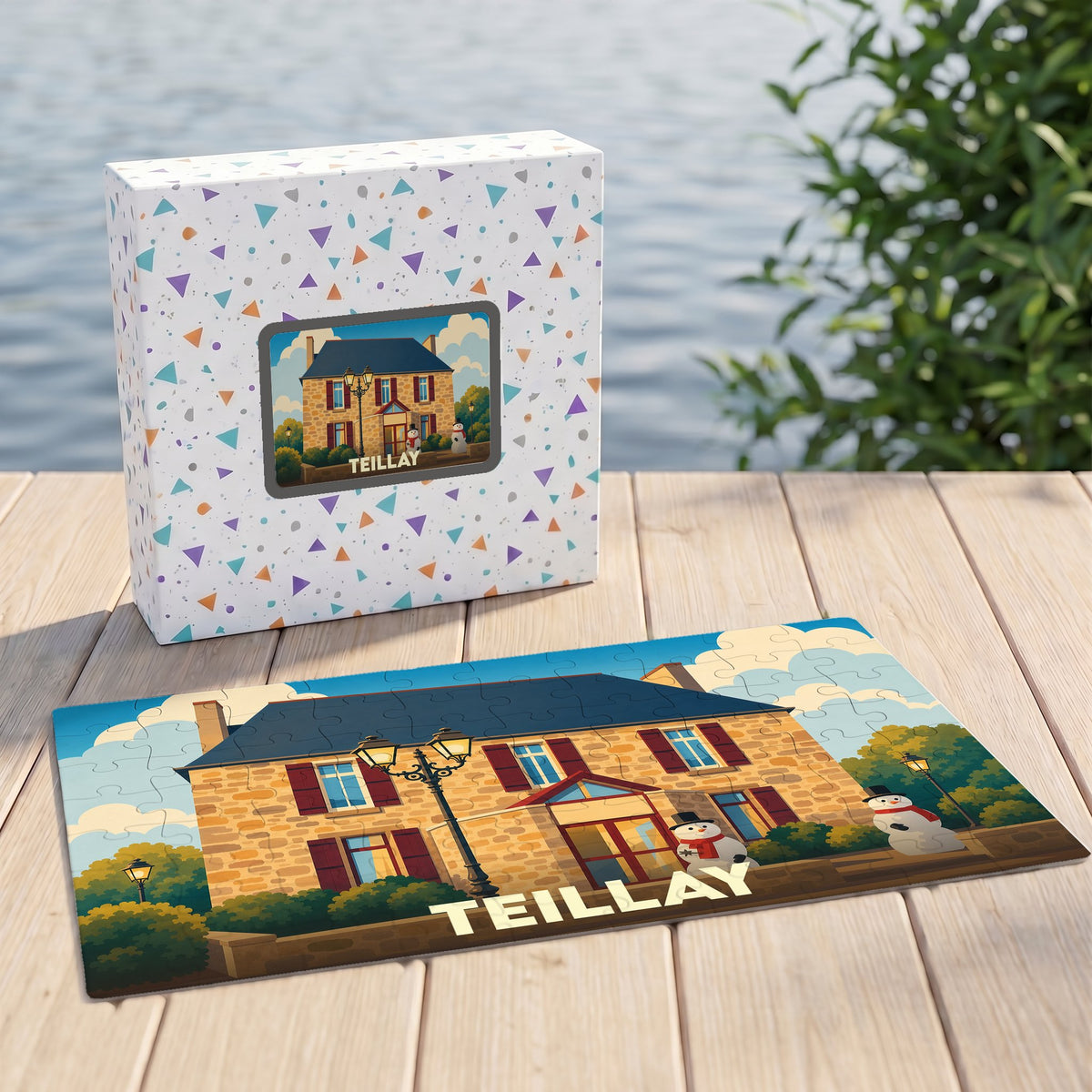Puzzle souvenir de la ville de Teillay avec une illustration stylisée d'un bâtiment en pierre.