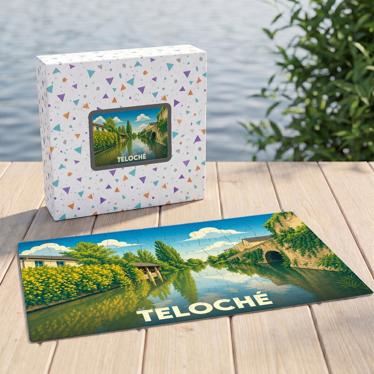 Puzzle souvenir de la ville de Teloché avec une illustration stylisée d'un paysage de rivière.