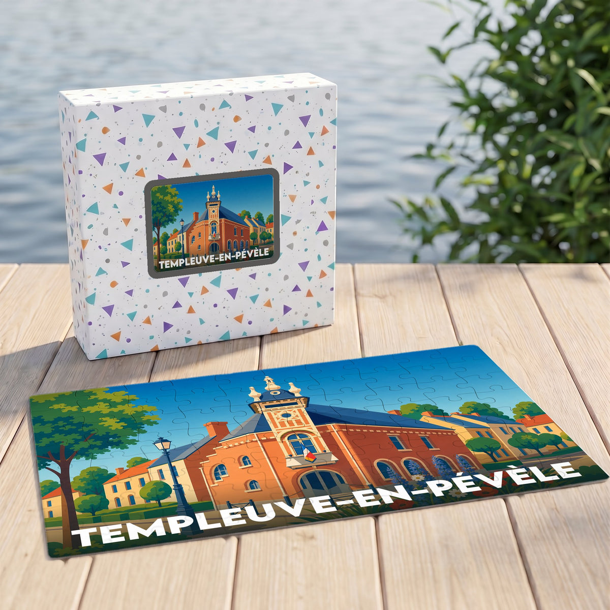 Puzzle souvenir de la ville de Templeuve-en-Pévèle avec une illustration colorée et stylisée de son hôtel de ville.