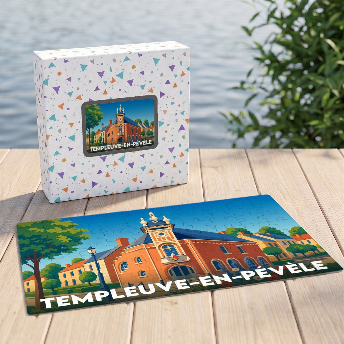 Puzzle souvenir de la ville de Templeuve-en-Pévèle avec une illustration colorée et stylisée de son hôtel de ville.